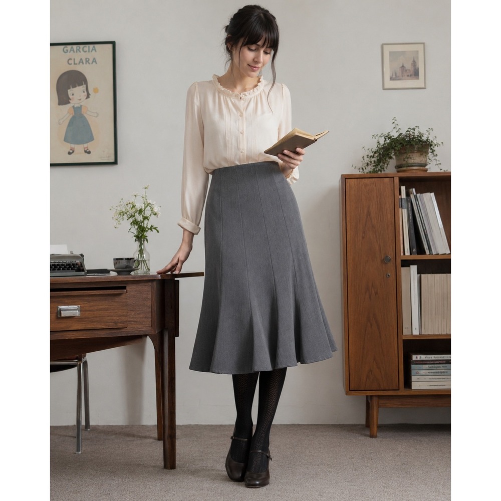 Vintage Maakif Flared A-Line Midi Skirt Size 8 Gray Paneled Career Academia Twee